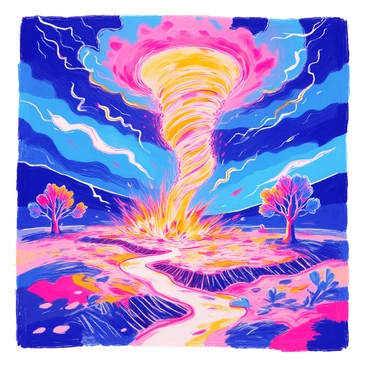 A swirling tornado made of "fireballs" and "flames" is at the center of the image, its fiery tendrils twisting and spiraling upwards. The "stormy landscape" surrounding it features dark, ominous clouds with flashes of lightning illuminating the scene. In the foreground, the ground is cracked and scorched, with patches of charred earth. A few scattered trees are leaning away from the tornado, their branches whipping in the strong winds. The overall atmosphere conveys tension and chaos in the face of the powerful natural phenomenon.