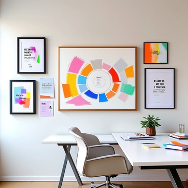 A business model canvas is prominently displayed in the center of an office wall. The canvas is filled with various sections, each outlining different aspects of a business strategy. Surrounding the canvas are several inspirational quotes framed in simple black frames. Each quote conveys motivation and encouragement, using bold typography. Additionally, colorful motivational posters, featuring dynamic designs and uplifting messages, are scattered across the wall. The overall arrangement creates an atmosphere of creativity and ambition in the office space.