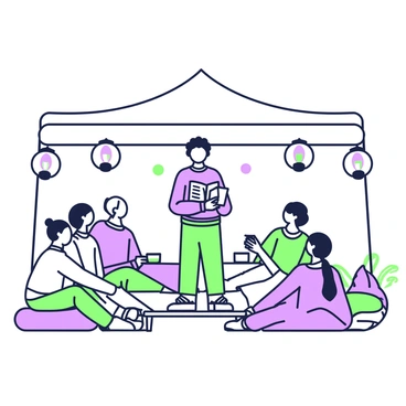 A gathering of friends is taking place under a canopy illuminated by lanterns. In the center, a poet with curly hair is standing on a small platform, holding a book of verses. The poet is wearing a cozy sweater and is deeply focused on the lines he is reading. Around him, listeners are seated on colorful cushions and blankets, some resting their elbows on their knees while others lean back comfortably. Soft light from the lanterns casts gentle shadows, creating an inviting atmosphere. Half-full mugs of warm drinks rest on low tables nearby, adding to the sense of warmth and camaraderie.