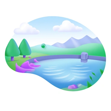 A peaceful reservoir with clear water reflecting the sky. The scene features gentle ripples on the water's surface, creating a mirror effect. Surrounding the reservoir are lush green trees and soft grass, enhancing the natural environment. In the foreground, there are small rocks peeking out from the water's edge. Above, fluffy white clouds float in a bright blue sky, symbolizing tranquility. There is a subtle outline of mountains in the distance, adding depth to the landscape.