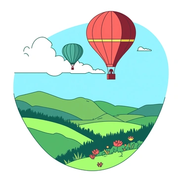 A red hot air balloon with a yellow stripe is drifting through a clear blue sky. Below, a lush green valley stretches out, dotted with vibrant patches of wildflowers. In the distance, gently rolling hills are visible, contrasting with the bright colors of the balloon. A second teal balloon, larger than the first, hovers nearby, casting a shadow on the landscape below. The sun shines brightly, illuminating the scene and highlighting the beauty of the valleys and hills.