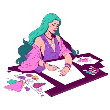 Martha Olivia is seated at a large wooden table, sketching a fantasy character. The character features flowing hair that cascades down their back in a rich shade of teal. They are dressed in an elaborate outfit made of layers of fabric, combining colors of pink and purple. The outfit is adorned with intricate patterns and sparkling gems that catch the light. 

Around the character's neck, there is a striking necklace with a large gemstone that glows softly. The character's wrists are decorated with multiple bangles, each a different color, jingling softly with their movements. Martha is surrounded by various sketches and color swatches spread across the table, showcasing her vibrant ideas and inspirations for the character's accessories and attire. A palette of colors sits nearby, giving a glimpse into her creative process.