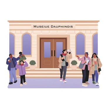 A digital flat illustration depicting the exterior of the "Musée Dauphinois." The building features an elegant, historic architecture with stone walls and large arched windows. In the foreground, there are several people entering the museum. A man with medium skin is walking towards the entrance wearing a blue jacket and jeans, while a woman with light skin is holding a camera and smiling. She is wearing a red scarf and a beige coat. A child with dark curly hair is excitedly pointing at the museum’s sign. Nearby, a couple is looking at a map, with one holding a backpack. The entrance has steps leading up to large wooden doors, flanked by potted flowers.