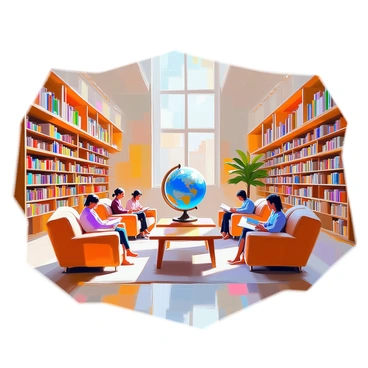 A spacious library filled with bookshelves that showcase a diverse collection of books from various cultures around the world. The shelves are stacked with volumes in multiple languages, and some have decorative elements representing different cultures. Several groups of people are scattered throughout the library; some are seated at large wooden tables engaged in animated discussions, while others are quietly reading in cozy armchairs. Light streams in through large windows, illuminating the rich wooden tones of the furniture and creating a warm atmosphere. A globe sits prominently on a side table, further emphasizing the theme of global knowledge.