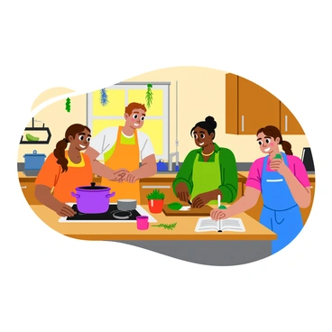 A small group of four tourists is gathered in a cozy kitchen, actively engaging in the cooking process. One tourist is stirring a pot on the stove, while another is chopping vegetables on a wooden cutting board. A third tourist is measuring ingredients with a cup, and the fourth is taking notes on a recipe book placed on the counter. The kitchen is warmly decorated with wooden cabinets and colorful herbs hanging from the walls. Sunlight streams in through a window, illuminating the scene and creating a welcoming atmosphere. Various cooking utensils and fresh ingredients are scattered across the counter, adding vibrant colors to the setting.
