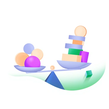 A modern pastel illustration featuring a balance scale that is heavily tipped to one side. On the heavier side of the scale, there are various weights stacked, showcasing different shapes and sizes, including circular discs and rectangular blocks. The lighter side of the scale remains empty, creating a stark contrast. The background is a soft, light color that complements the pastel theme, enhancing the focus on the scale and its weights.