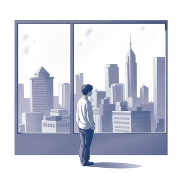 A person stands beside a window, gazing at a cityscape beyond. The city features tall buildings with a mix of architectural styles, including modern skyscrapers and older structures. The glass of the window has a few smudges and reflections, causing parts of the view to appear blurry and distorted. The person's silhouette is visible, casting a soft shadow against the window, while the vibrant urban scene outside is somewhat obscured by the glass's imperfections.