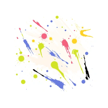 A canvas covered in a variety of vibrant paint splatters, featuring bold colors like red, blue, yellow, and green. The splatters are randomly distributed across the surface, creating an energetic and dynamic composition. Some splatters are larger and more pronounced, while others are small and delicate. The background of the canvas is a solid white, allowing the colors to stand out prominently. The overall design conveys a sense of movement and spontaneity, inviting the viewer to explore the intricate patterns formed by the paint.