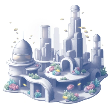 A futuristic underwater city with various buildings composed of transparent glass and textured coral. The architecture features sweeping curves and organic shapes, with some structures resembling seashells and others incorporating elements of marine life. Schools of colorful fish swim through the city, while beams of light filter down from the surface, illuminating the intricate details of the coral and glass. Passageways and walkways connect the buildings, allowing for fluid movement throughout the city. Coral gardens and aquatic plants are integrated into the design, contributing to the vibrant ecosystem.