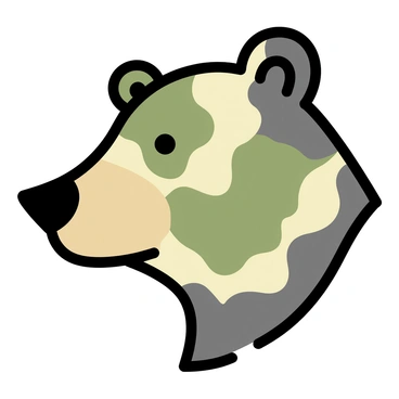 A bear's head, featuring sharp eyes and a strong snout, is intricately blended into a camouflage pattern. The camouflage consists of various shades of green, brown, and beige, mimicking foliage and earth, emphasizing the wilderness environment. The bear's fur texture is detailed, with hints of its natural coloring peeking through the pattern. The background remains simple, allowing the bear's head and the camouflage to be the focal point of the image.
