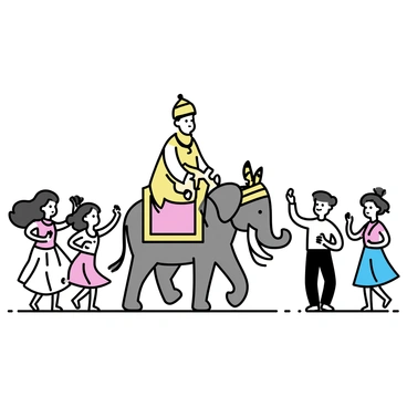 A Maharaja dressed in ornate traditional attire with a golden crown is leading a grand parade. He is seated on a richly decorated elephant adorned with colorful fabrics and intricate patterns. Surrounding him are several dancers in vibrant costumes, performing lively traditional dances. The dancers are wearing bright, intricate outfits with flowing skirts, and some have decorative jewelry. The parade route is lined with onlookers who are clapping and enjoying the festivities. The atmosphere is filled with rich colors and dynamic movements, showcasing the grandeur of the celebration.