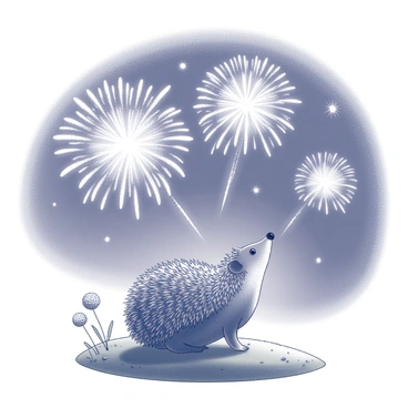 A hedgehog is perched on a small hilltop, its quills slightly raised in curiosity. The animal is focused on the night sky, where vibrant fireworks explode in various shapes and sizes. Each firework blooms into intricate patterns, illuminating the darkness with bursts of light. The hill is grassy and gently sloping, with a few scattered wildflowers nearby. The scene captures the hedgehog's wonder as it observes the spectacle above.