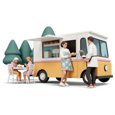 A mobile catering truck, painted in bright colors, is parked at an outdoor venue surrounded by trees and picnic areas. The truck has a large serving window from which delicious food aromas waft. A chef, wearing a white chef's coat and a black apron, is standing at the window, smiling as he serves a plate of food to a guest. The guest, a woman wearing a floral dress, is reaching out to receive the food with an excited expression. In the background, a few other guests are enjoying their meals at outdoor tables, creating a lively atmosphere.
