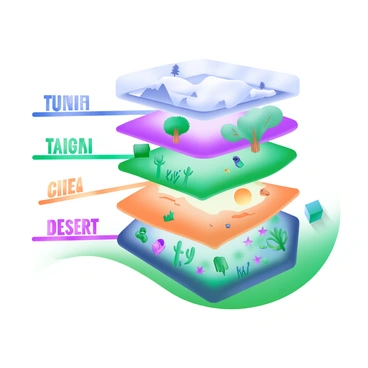 A layered diagram illustrating the different ecosystems on Earth. At the top layer, there is a "Tundra" section featuring snow-covered ground and sparse vegetation. Below it, the "Taiga" layer displays coniferous trees with a misty background. The next layer showcases the "Temperate Forest," filled with broadleaf trees and a carpet of fallen leaves. Following that, the "Grassland" layer is depicted with tall grasses swaying in the breeze and scattered wildflowers. Further down, there is the "Desert" layer featuring sandy dunes and cacti under a bright sun. Finally, the bottom layer presents the "Rainforest," rich with dense foliage, vibrant flowers, and wildlife, including birds and monkeys. Each ecosystem is clearly labeled with its name in bold, contrasting letters.