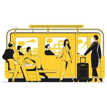 A group of passengers standing inside a metro train, each holding suitcases and travel bags. Some passengers are sitting in their seats while others are standing, gripping the overhead handrails. The interior of the train features metal poles and plastic seats. A travel bag with wheels is positioned beside a woman wearing a yellow jacket, while a man in a black coat holds a large suitcase. The windows of the train reveal a blurred view of the station as it moves towards the airport.