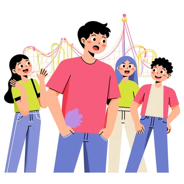 A teenager with a surprised expression is standing with friends in an amusement park. The teenager has short dark hair and is wearing a bright red t-shirt. They are lifted up their shirt slightly to reveal a large purple bruise on their side. The friends, two girls and a boy, have wide eyes and are laughing, showing their mixed expressions of concern and amusement. The background features colorful roller coasters and excited park-goers, creating a lively atmosphere.