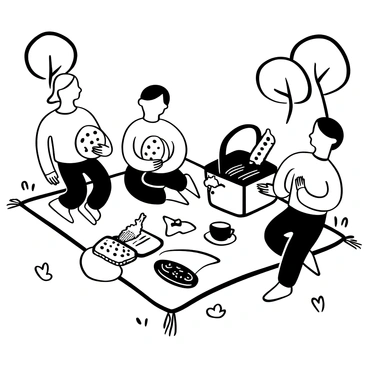 A picnic blanket spread on the grass with various food items laid out. There are four family members, each depicted as a different biscuit. One family member is a round chocolate chip cookie with textured edges, sitting on the blanket. Another is a rectangular ginger biscuit, with a crumbly surface, placed next to a small plate of jam. A third member is a long, thin biscotti, propped up against a picnic basket. The last family member is a star-shaped shortbread cookie, sitting next to a cup of tea. Trees and a few scattered wildflowers are visible in the background.