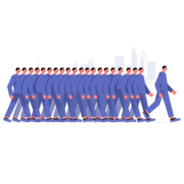A legion of identical male figures, all dressed in matching dark blue uniforms, march uniformly forward. Each figure has a stern expression on their face, with short black hair and a straight posture. The figures are arranged in tight formation, creating a sense of order and discipline as they move in unison. Their feet are raised in perfect synchronization, with their arms straight at their sides. The background features a faint outline of a city skyline, emphasizing the large scale of the marching legion.
