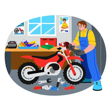 A mechanic with short brown hair is focused on repairing a dirt bike, which is positioned on a workbench in a cluttered garage. The dirt bike is bright red with black accents and has various components removed for maintenance. Surrounding the mechanic are numerous tools, including wrenches, screwdrivers, and pliers, scattered across a wooden workbench and the floor. The walls of the garage are adorned with posters of motorcycle racing, and there is a large toolbox in the background filled with assorted tools. Sunlight streams through a small window, illuminating the dust particles in the air.