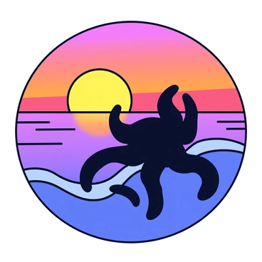 A black silhouette of an anemone with flowing tentacles. The anemone is positioned prominently in the foreground. In the background, a vibrant sunset showcases a gradient of orange, pink, and purple hues blending together. The ocean is visible beneath the colorful sky, with gentle waves reflecting the warm colors of the sunset.