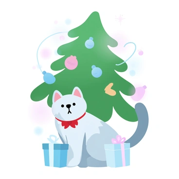 A cat with a soft, fluffy coat is sitting under a Christmas tree adorned with colorful ornaments and twinkling lights. The cat is wearing a small red bow around its neck, contrasting with its fur. The tree is lush and green, with wrapped presents of various sizes placed underneath. Soft, glowing lights create a warm ambiance around the scene.