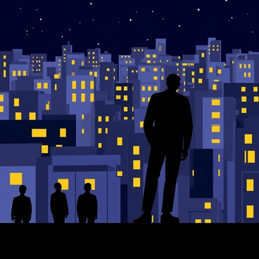 A silhouette of a person standing on a rooftop, looking out over a sprawling city at night. The city is filled with buildings depicted in various heights, each window glowing with yellow and white lights. Below, dark figures are lurking in the alleys, partially obscured, adding a sense of mystery. The sky is a deep navy blue, dotted with stars. The person's outline is sharp and defined against the glowing cityscape.