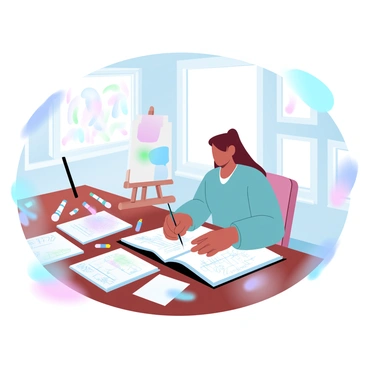 An artist is seated at a wooden desk, focused on writing a grant proposal. The desk is cluttered with various art supplies, including paintbrushes, tubes of paint, and an open sketchbook filled with drawings. Papers are scattered around, some displaying colorful sketches, while others have notes and ideas scribbled in the margins. A light source from a nearby window highlights the artist's workspace, casting gentle shadows. In the background, a canvas on an easel shows an incomplete painting, adding to the creative atmosphere.