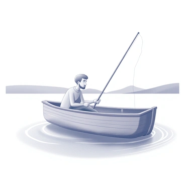 A small wooden boat floats on a calm lake. A slowboy, characterized by a gentle demeanor, sits comfortably inside the boat. He holds a fishing pole in one hand, with the other resting on his knee. His expression is focused yet relaxed, as he gazes into the water. Surrounding the boat are soft ripples that reflect the tranquility of the scene. The surface of the lake is smooth and undisturbed, enhancing the peaceful atmosphere. In the distance, gentle hills rise, completing the serene landscape.