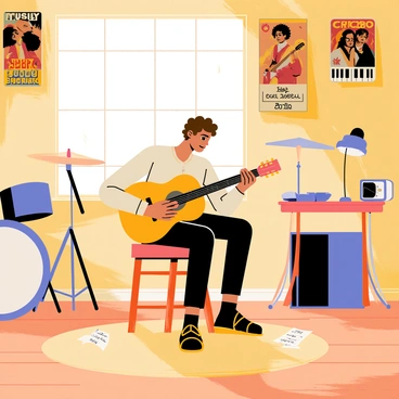 A man with curly brown hair is sitting on a wooden stool, playing an acoustic guitar. The studio has wooden floors and walls adorned with worn, vintage posters of classic rock bands. A large window lets in soft natural light, illuminating the dust particles floating in the air. Various musical instruments, like a drum set and a keyboard, are positioned around the room. A small table nearby holds a coffee cup and a few scattered sheet music pages. The ambiance reflects a warm, nostalgic atmosphere.