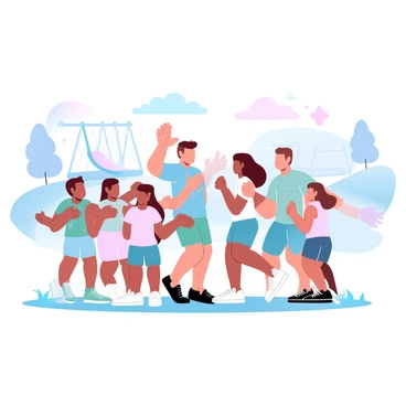 A group of children is standing together on a school playground during recess. They are engaged in animated conversation, with some gesturing with their hands. The children are wearing colorful T-shirts and shorts, showcasing a variety of patterns and designs. In the background, there are swings and a slide, and the playground is surrounded by a fence. The sun is shining, creating a warm atmosphere, and small patches of grass are visible underfoot. A few trees can be seen in the distance, adding to the setting.
