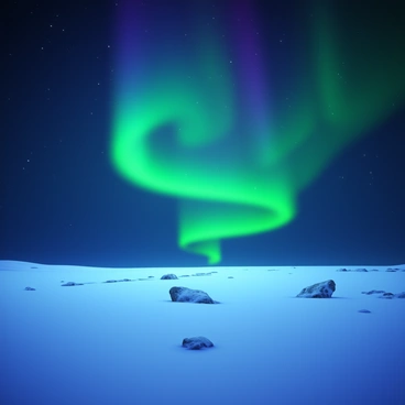 The northern lights with vibrant green and purple hues illuminating the night sky. The lights are swirling and dancing gracefully across the vast expanse. Below, a frozen tundra stretches out, covered in a blanket of snow that sparkles under the ethereal glow. A few scattered rocks and patches of ice are visible on the tundra, creating a stark contrast against the white snow. The atmosphere conveys a sense of tranquility and wonder, as the natural phenomenon captivates the viewer.