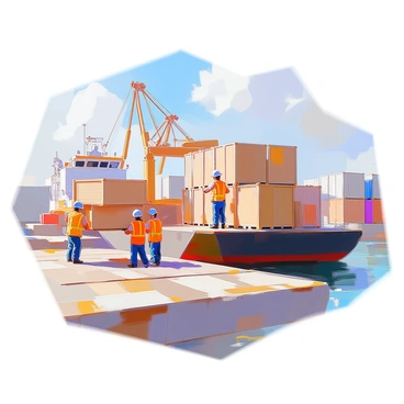 A bustling shipping port scene featuring several workers loading large wooden crates onto a barge that is docked at the pier. The workers, dressed in safety gear and bright vests, are actively engaged in lifting and positioning the crates, demonstrating teamwork and coordination. The barge is large, with its deck partially filled with various crates of different sizes, stacked neatly. In the background, large cargo containers and cranes can be seen, emphasizing the busy nature of the port. The water is calm, reflecting the structures and activity around it, while a clear sky adds to the vividness of the scene.