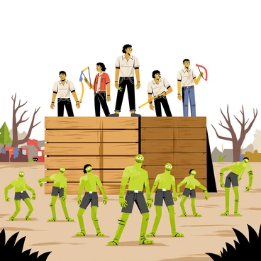 A group of five survivors stands at the top of a wooden fort, preparing to defend against an approaching horde of green-skinned zombies. The survivors, wearing tattered clothing and wielding makeshift weapons like baseball bats and crossbows, display determination on their faces. The fort is constructed of wooden pallets and scrap metal, with a few improvised barricades set up around it. In the background, a desolate landscape stretches out, featuring twisted trees, abandoned vehicles, and a cloudy, overcast sky that casts dark shadows over the scene. The zombies, with hollow eyes and decaying flesh, are advancing toward the fort, creating an atmosphere of tension and urgency.