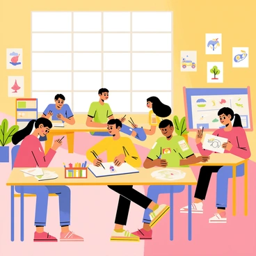 A lively art classroom filled with bright colors and various art supplies. Several students are seated at wooden tables, each focused on their own illustration projects. One student is sketching a cartoon character using colored pencils, while another is painting a landscape with watercolors. The walls are adorned with their colorful artwork and posters, showcasing different artistic techniques. Sunlight streams through large windows, illuminating the space and casting warm light on the students as they collaborate and share ideas.