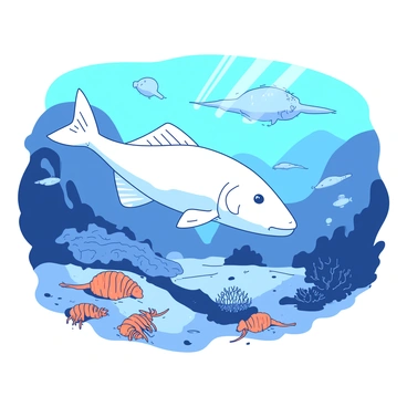 A white prehistoric grouper is swimming gracefully in an ancient ocean landscape filled with various extinct marine creatures. Surrounding the grouper, there are colorful orange trilobites crawling on the ocean floor. In the background, large pale blue ammonites are floating through the water, while a few dark yellow urchins are scattered across the seabed. The sunlight filters through the water, illuminating the scene and highlighting the textures of the ancient ocean environment.