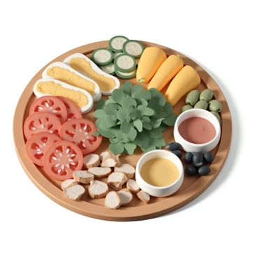 A large, round wooden platter filled with various food items. There are slices of bright red tomatoes, crisp green cucumbers, and vibrant yellow bell peppers arranged neatly. A generous handful of mixed leafy greens sits in the center. On one side of the platter, there are several bite-sized pieces of grilled chicken skewers, glistening with a light marinade. Next to the skewers, there are small bowls filled with rich hummus and tangy dipping sauces. On the other side, a selection of olives; shiny green and black varieties, is presented. The entire arrangement is colorful and looks fresh, inviting anyone to take a bite.