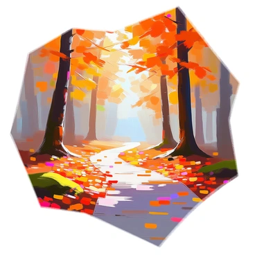 A winding path meanders through a dense forest, surrounded by tall trees with vibrant autumn foliage. The ground is carpeted with a rich layer of fallen leaves in shades of red, orange, and yellow, creating a colorful mosaic. Sunlight filters through the branches, casting dappled shadows on the pathway. The air appears crisp and fresh, with gentle breezes stirring the leaves. Small patches of green moss can be seen along the edges of the path, adding a touch of life to the scene.