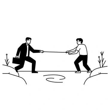 A tug-of-war match is taking place between two figures, one representing the federal government and the other the state government. The figure representing the federal government is depicted as a person wearing a formal suit and holding a briefcase, displaying a determined expression. The figure representing the state government is wearing a casual shirt and jeans, with a look of concentration. They are pulling on opposite ends of a river, which serves as the rope in the match. The river is flowing steadily, creating ripples across its surface. The setting includes a grassy bank on either side of the river, with trees and bushes framing the scene.