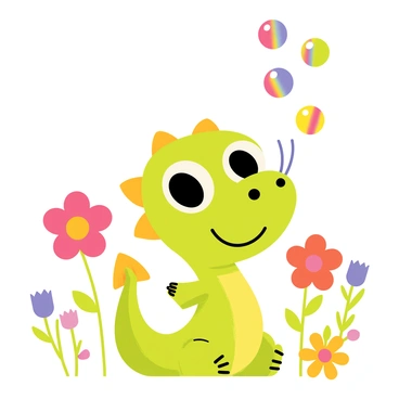 A cheerful cartoon dragon with bright green scales and large, expressive eyes is blowing colorful bubbles. The bubbles float gently into the air, reflecting a rainbow of colors. The dragon has small, playful wings and a wide smile, showcasing its playful nature. Surrounding the dragon are various flowers in vibrant colors, including red, yellow, and purple blooms. The flowers are tall and short, creating a lively garden atmosphere. The scene is filled with a sense of joy and whimsy, with the bubbles glistening in the sunlight.