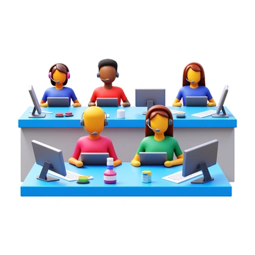 Three-dimensional characters in a virtual call center, each positioned at their individual workstations. Each character is wearing a headset, engaged in conversation. The workstations are equipped with computer monitors, keyboards, and various office supplies. The characters represent diverse ethnicities and genders, showcasing a collaborative environment. Bright lighting enhances the clarity of the scene, reflecting a busy yet organized atmosphere.