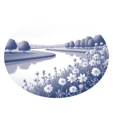 A scenic view of the Euphrates River with lush banks. The landscape is filled with various types of blossoms, showcasing blooming flowers in an array of shapes and sizes. The river flows gently, reflecting the surrounding flora. The foreground features clusters of flowers, while the background displays a serene horizon with trees lining the riverbank.