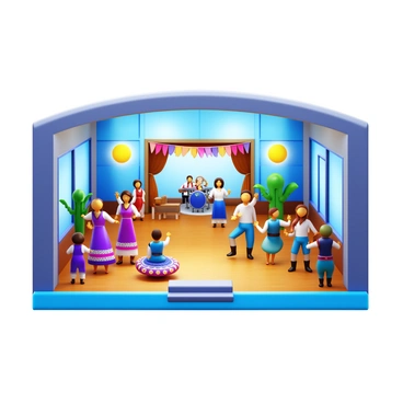 A cultural center annex with a modern architectural design. The exterior features large glass windows and a welcoming entrance. Inside, a vibrant community event is taking place. There are people of various ages participating in traditional dance performances. A live band is playing music on a small stage. Colorful decorations adorn the space, enhancing the lively atmosphere. Tables are set up with local crafts and food, showcasing the cultural diversity of the community. Bright lights illuminate the scene, creating a festive environment.