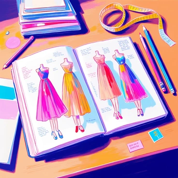 An open sketchbook lies on a designer's desk, showcasing a variety of dress concepts with intricate sketches and colorful illustrations. The pages feature different dress designs, some with flowing fabrics and others with structured silhouettes. Handwritten notes in the margins describe fabric choices and color palettes. Surrounding the sketchbook, there are scattered colored pencils and markers, and a measuring tape coils next to a neatly arranged stack of fabric swatches. The desk surface is made of polished wood, reflecting the creativity of the designer's workspace.