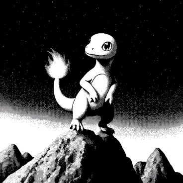 A Charmander is standing proudly on a rugged mountain peak. Its body is posed confidently, with its tail flame flickering brightly. The mountain's rocky surface is detailed, showcasing jagged edges and a textured landscape. In the background, a vast sky filled with numerous stars creates a sense of depth and wonder. The night sky contrasts with the silhouette of the mountain, enhancing the triumphant posture of the Charmander.