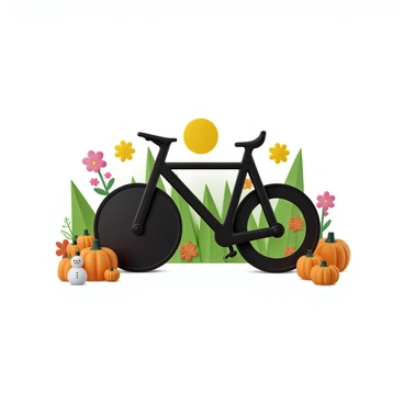 A Peloton bike with a sleek black frame and a digital screen is positioned at the center of the image. Surrounding the bike are decorations that represent the four seasons. To the left, there are vibrant spring flowers in full bloom with colors like pink and yellow. In the background, there are lush green leaves indicating summer, along with a bright sun. On the right side, autumn decorations include pumpkins and falling leaves in shades of orange and brown. Finally, winter is represented by delicate snowflakes and a small snowman, creating a harmonious seasonal display around the bike.