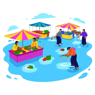 A local market filled with standing water, creating reflections on the surface. Stalls with colorful canopies are partially submerged, showcasing a variety of fruits and vegetables floating on the water. Vendors, wearing bright rain gear, are reaching into the water to retrieve their goods, looking determined and focused. Some vendors are using makeshift tools like buckets to scoop out water, while others are carefully lifting boxes of produce above the surface. The atmosphere is busy, with splashes of water and vibrant colors creating a dynamic scene.