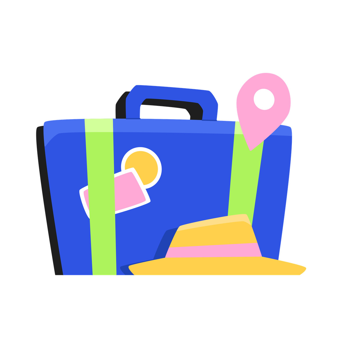 Illustration Travel suitcase with hat and location marker dans le style Bouncy à télécharger aux formats PNG, SVG