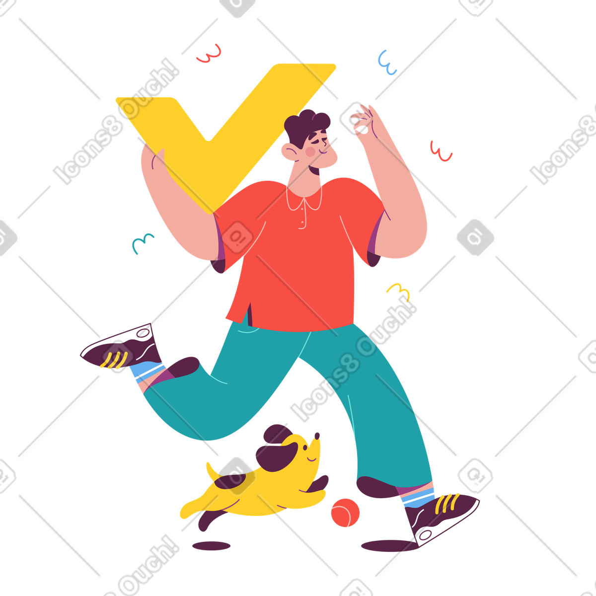 Running with check mark and dog, Achievement and goal completion illustration in PNG, SVG