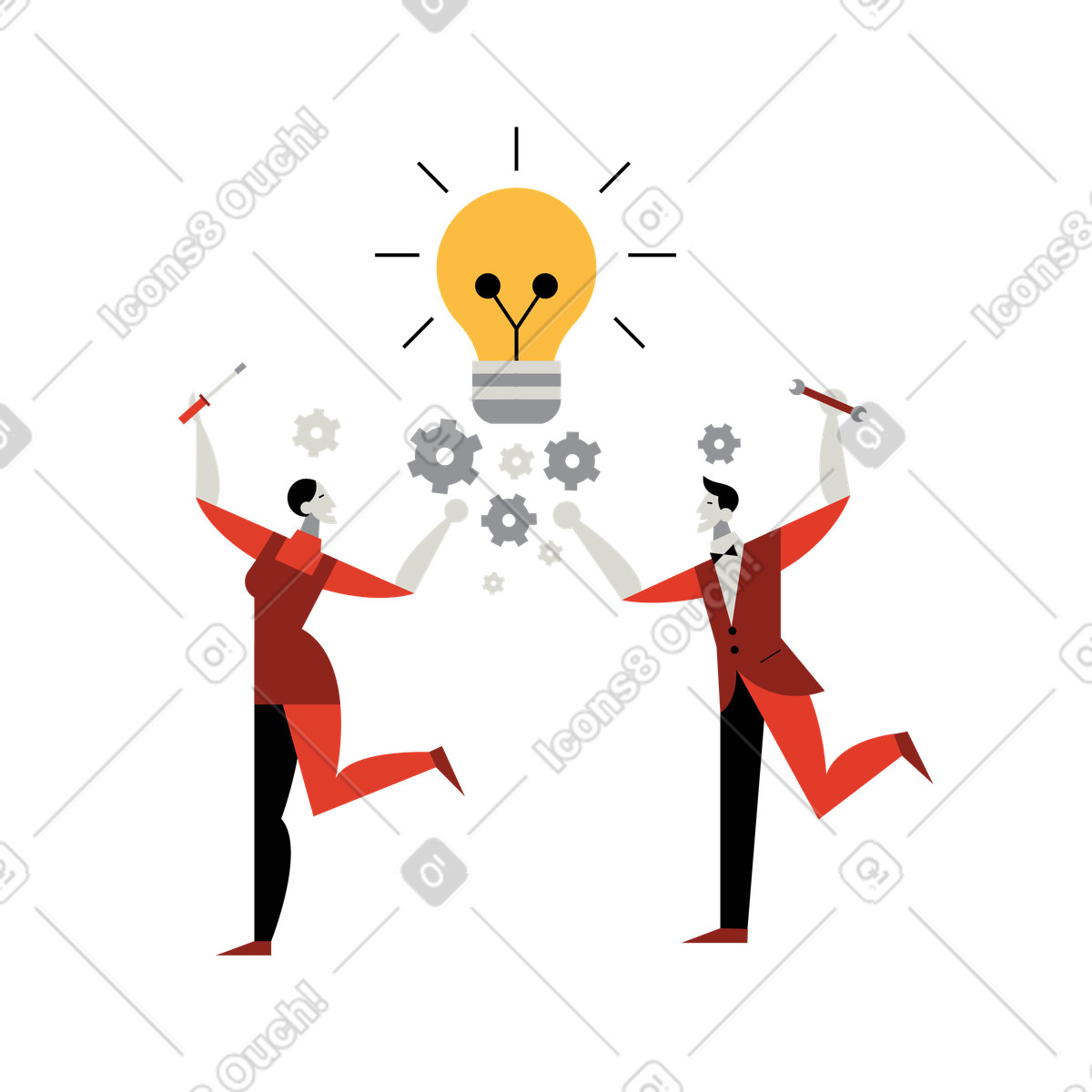 Uomo e donna che lavorano su una nuova idea in squadra illustrazione stile Burgundy scarica PNG, SVG