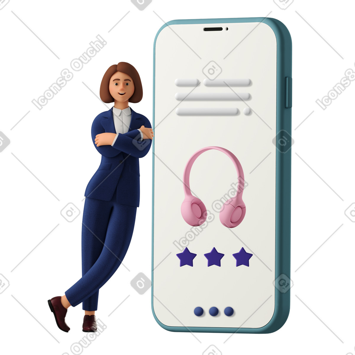 Ilustración Mujer con traje azul apoyándose en el teléfono compras línea abiertas estilo 3D Business a descargar PNG y SVG